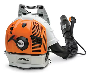 Orange and white Stihl backpack leaf blower with black tube and handle.
