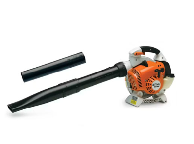 Orange and white Stihl leaf blower with detached nozzle on white background.