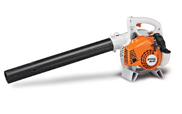 Orange and white Stihl leaf blower with a black nozzle.