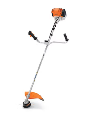 STIHL gas-powered string trimmer, orange and silver, on white background.