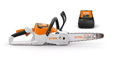 White and orange STIHL battery-powered chainsaw with a charger, on white background.