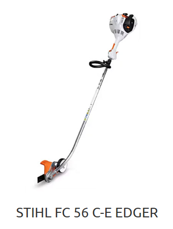 Stihl FC 56 C-E Edger, gas-powered, white and orange, angled blade for lawn edging.