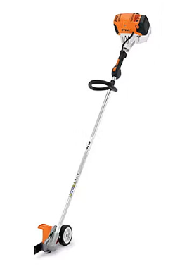 Orange and white STIHL string trimmer with wheel for edging grass.