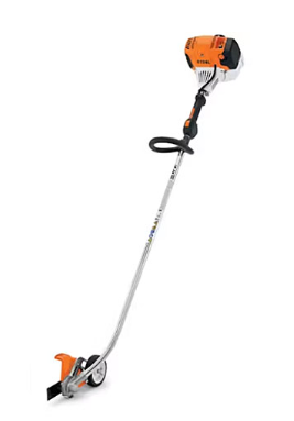 Orange and silver Stihl edger on a white background.