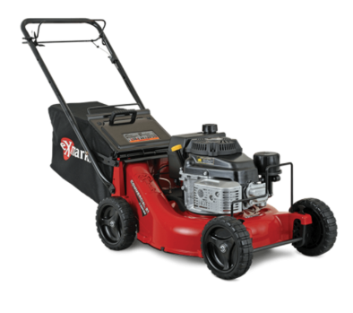 Red and black lawn mower with a bag attachment, on a white background.