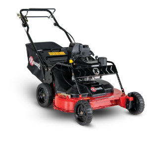 Red and black Exmark lawn mower with a grass catcher.