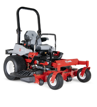 Red and gray zero-turn riding lawn mower with large rear tires and a black safety bar.