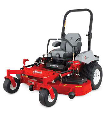 Red and gray Exmark Lazer Z zero-turn lawnmower on a white background.