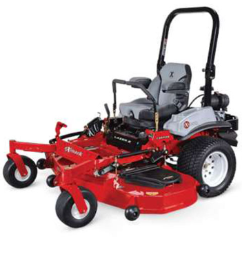 Red and gray Exmark Lazer Z zero-turn riding lawn mower on a white background.