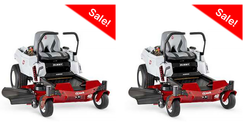 Two red and white zero-turn lawn mowers with