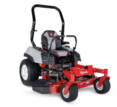Red and gray Exmark zero-turn lawn mower on a white background.