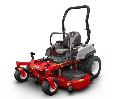 Red and gray zero-turn lawnmower with black seat and roll bar. White tires and two cup holders.