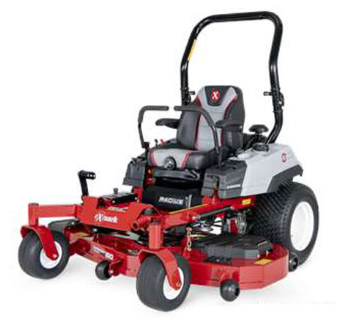 Red and gray zero-turn riding lawn mower on a white background.