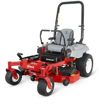 Red and gray zero-turn riding lawn mower with a black roll bar on a white background.