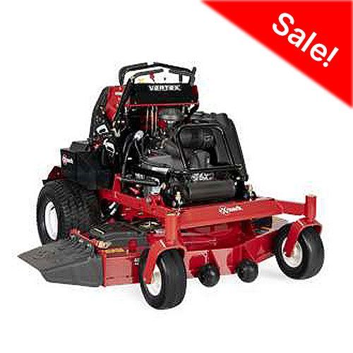 Red zero-turn lawn mower on sale, with black tires and engine details, angled view.