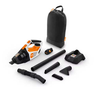 A handheld cordless vacuum with accessories, black and orange. Includes charger, battery, and carrying bag.