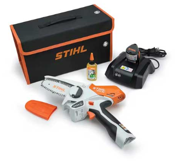 Stihl GTA 26 cordless garden pruner kit: black and orange case, charger, saw, oil bottle.