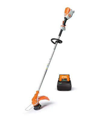 Orange and silver cordless string trimmer with battery and charger.