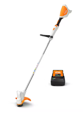 STIHL battery-powered string trimmer, white and orange, with battery charger, angled against white background.