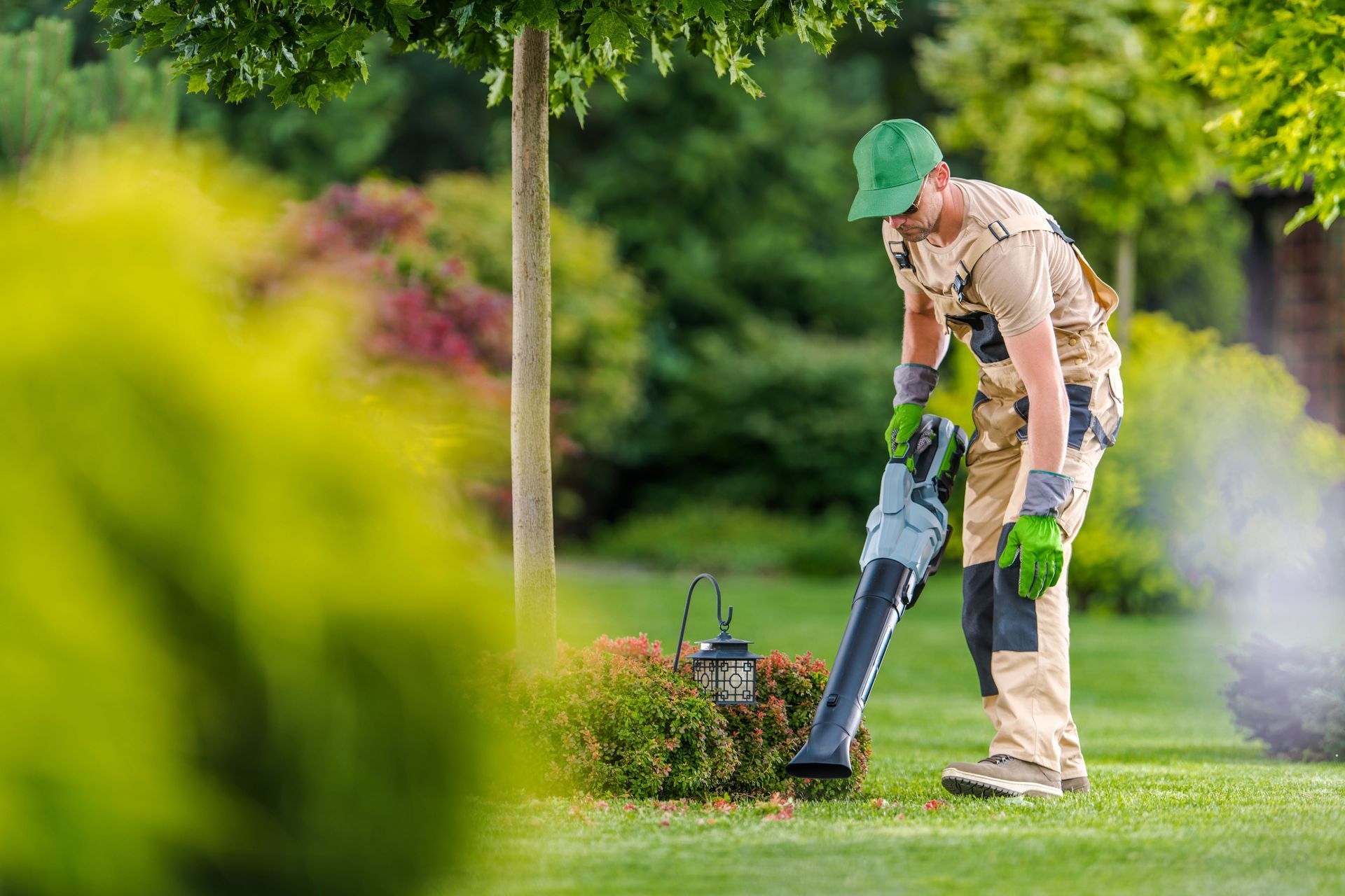Gardener using a leaf blower on a lawn with bushes and trees in a sunny garden.