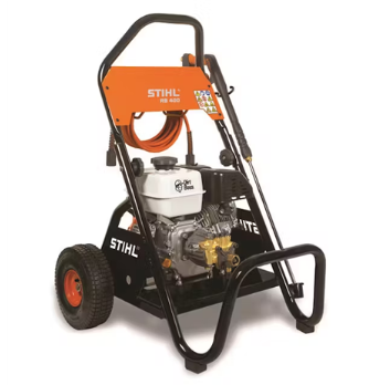 Stihl gas-powered pressure washer, orange and black frame, with hose and nozzle, on wheels.