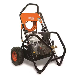 A Stihl gas-powered pressure washer on a black frame with orange and white accents, a hose, and wheels.