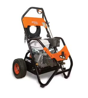 Orange and black Stihl pressure washer with hose and large wheels.