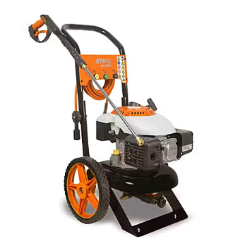 Orange and black STIHL gas-powered pressure washer with hose and nozzle, on wheels.