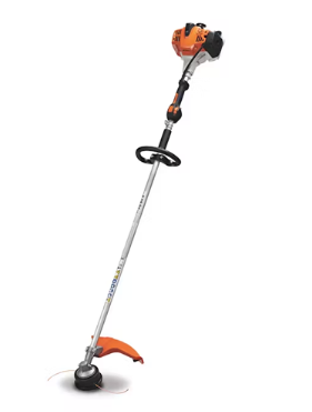 A Stihl gas-powered string trimmer, orange and gray, against a white background.