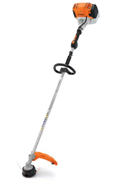Orange and white Stihl string trimmer. Silver shaft, black handle, orange guard.