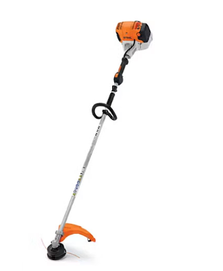 Orange and silver STIHL string trimmer, angled against a white background.