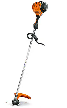 Orange and silver STIHL string trimmer with curved shaft and black handle.