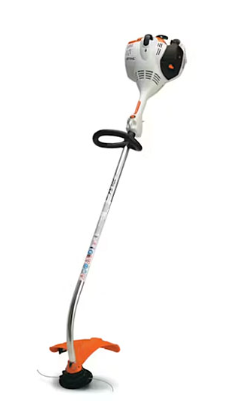 Gas-powered, orange and white Stihl string trimmer on a white background.