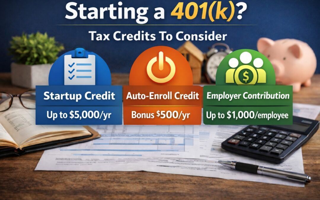 Infographic on starting a 401(k) with tax credits: startup, auto-enroll, and employer contribution