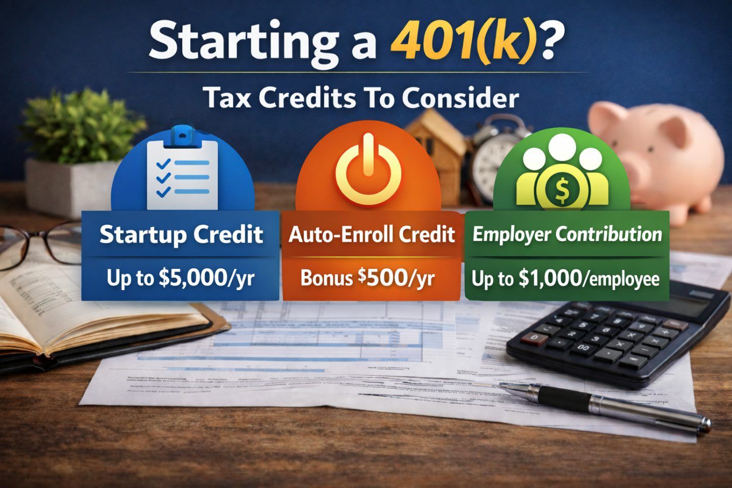 401(k) tax credit infographic with blue, orange, and green icons on a desk with calculator and notes