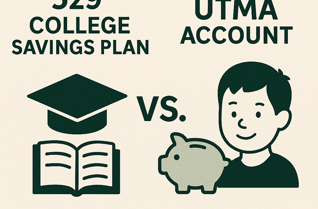 529 college savings plan vs. UTMA account, with graduation cap, open book, piggy bank, and smiling child icon