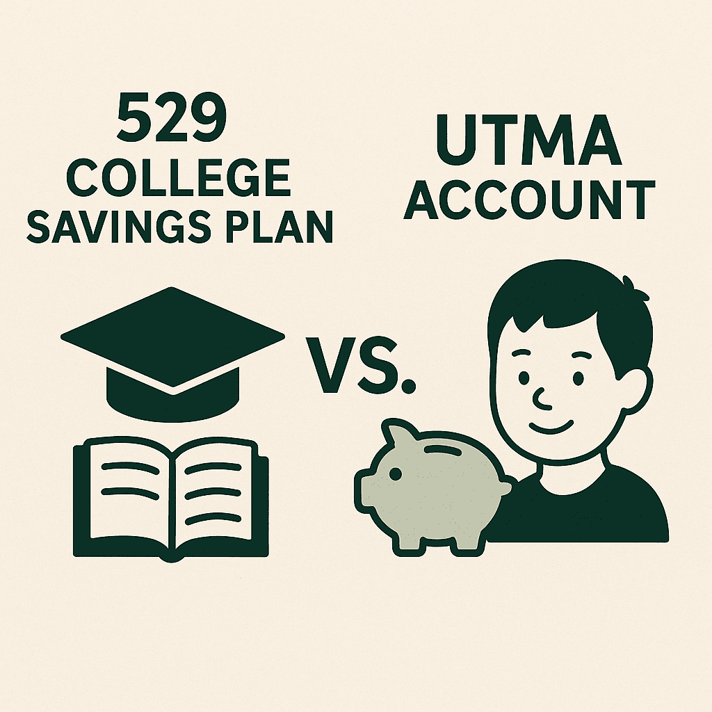 529 college savings plan vs. UTMA account with graduation cap, book, piggy bank, and smiling person icons