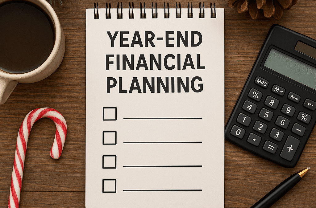 Year-end financial planning notebook with checklist, calculator, coffee, candy cane, and pen on a wooden desk
