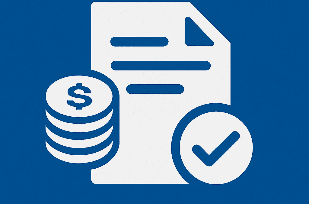 White invoice with coin stack and checkmark on blue background