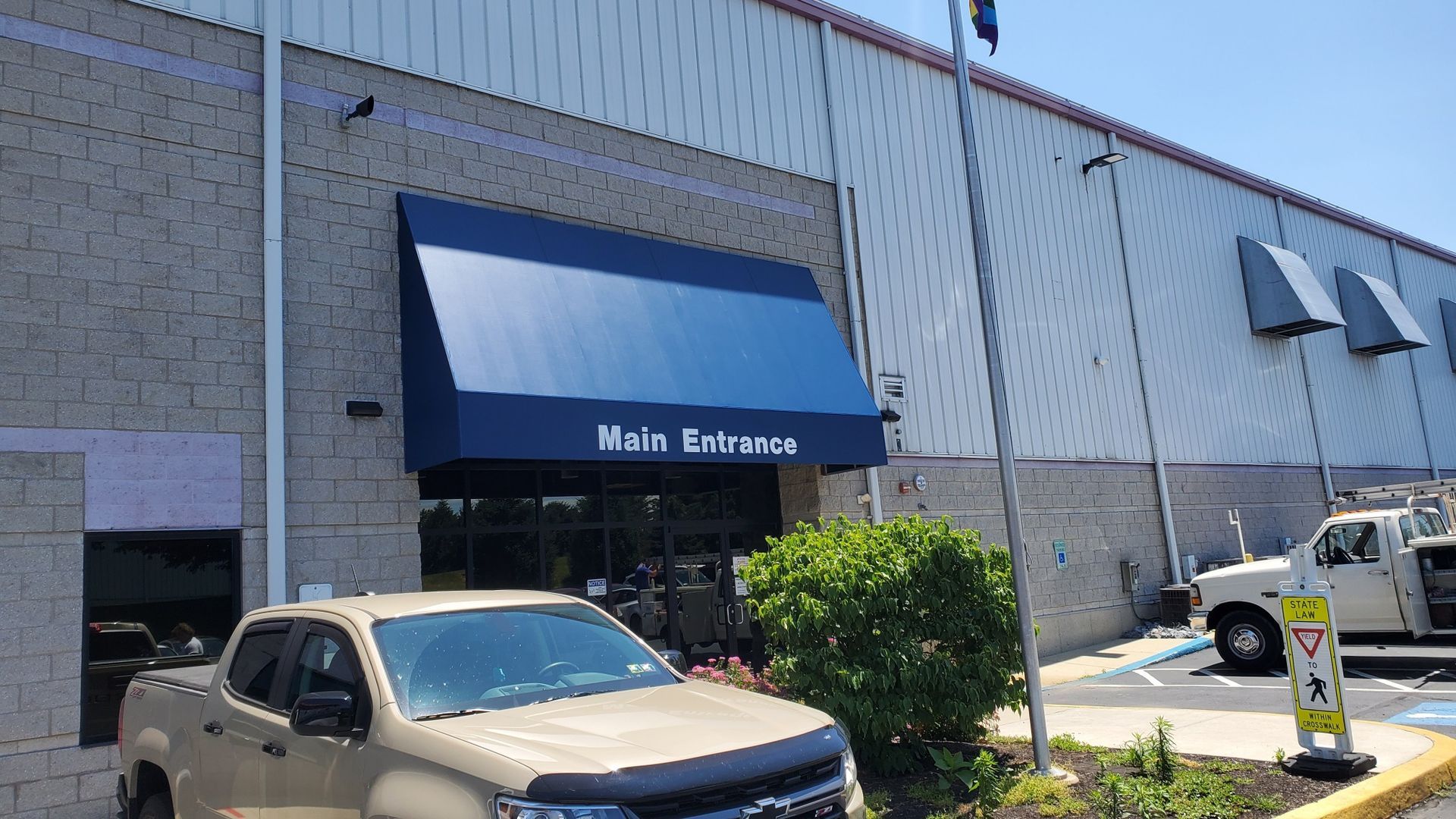 blue main entrance awning