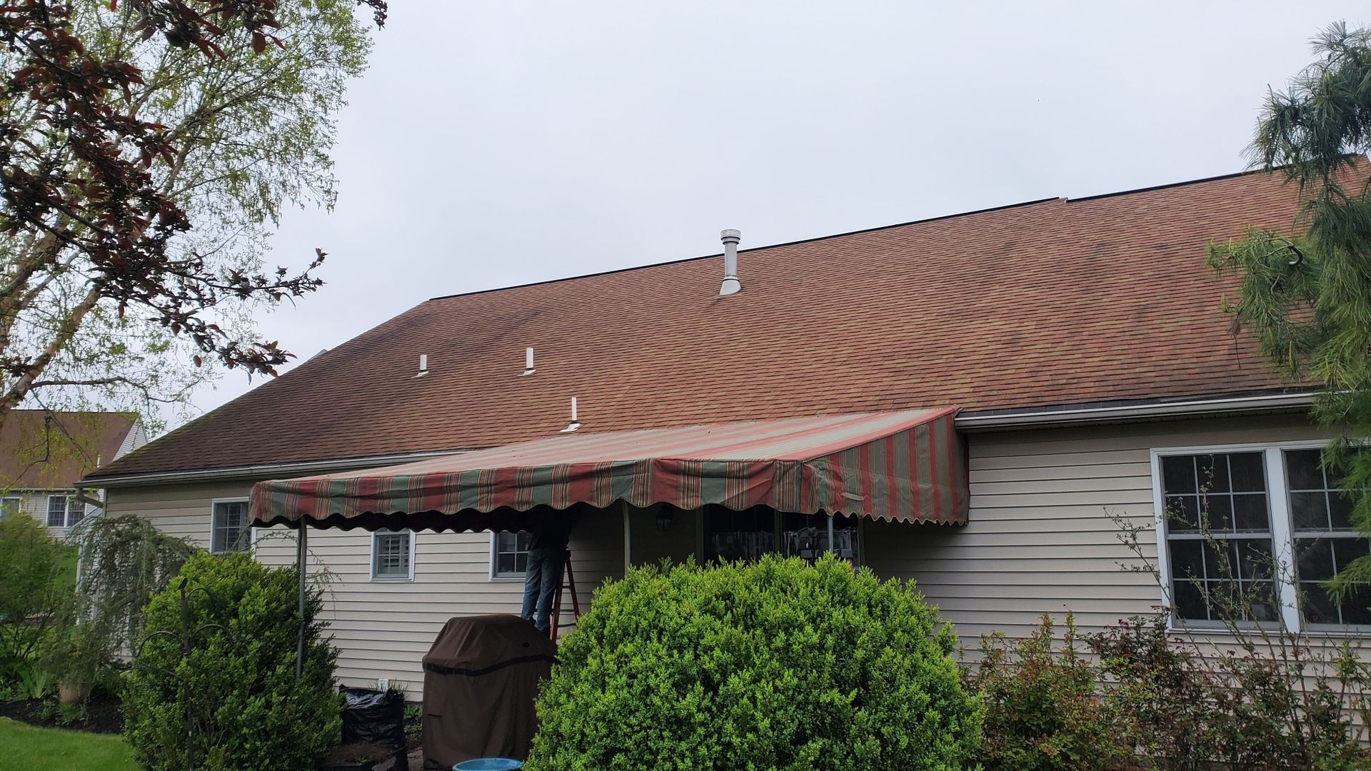 red and gray stripes stationary patio cover