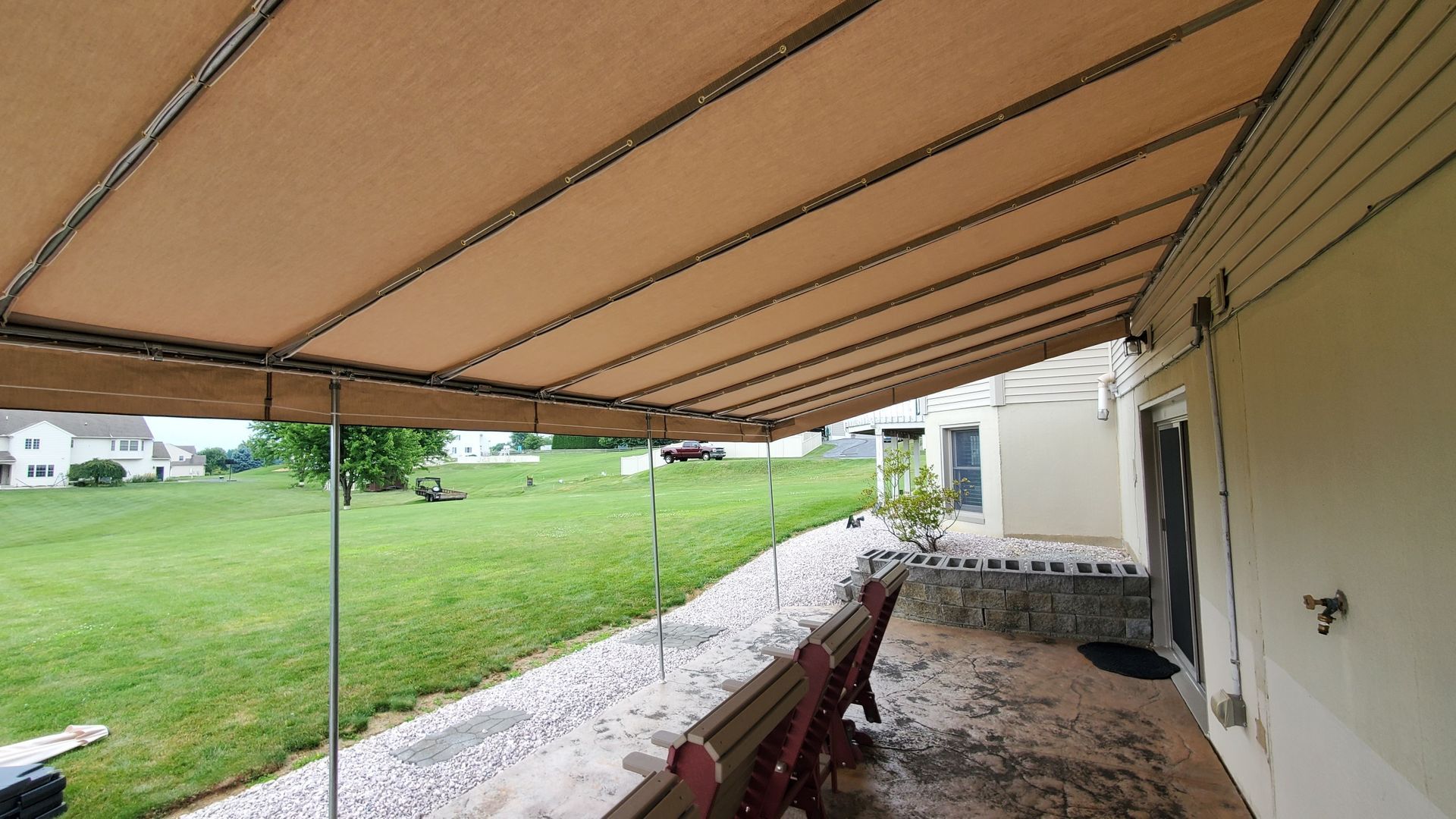 beige stationary patio cover inside view