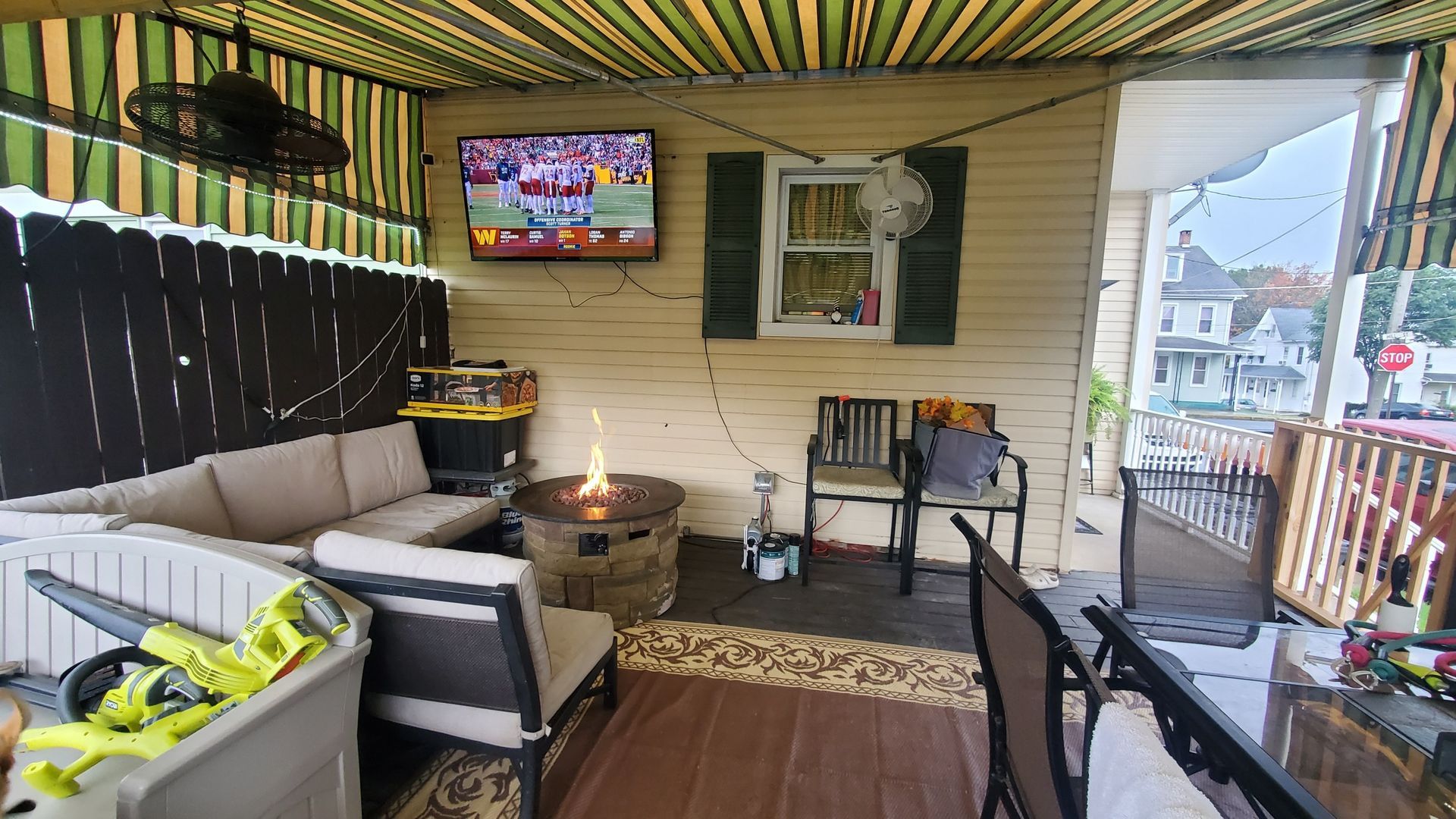 green and yellow stripes stationary patio cover