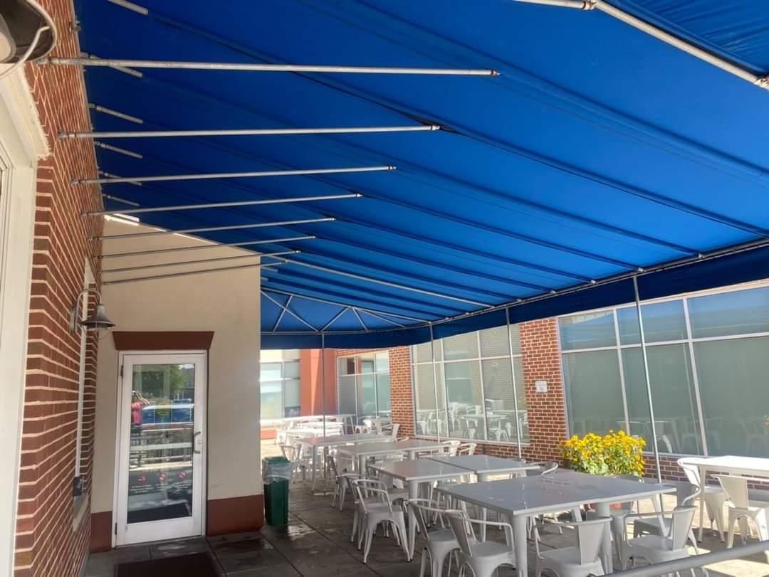 blue stationary patio cover