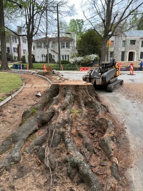 A large tree stump is being removed by a machine.