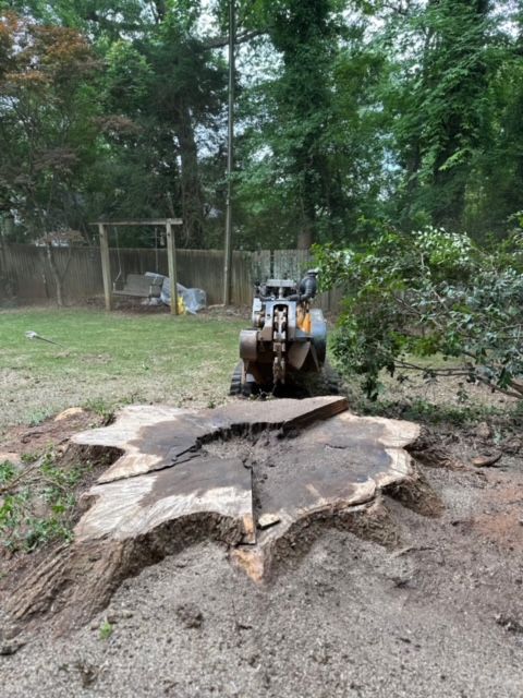 A large tree stump is being removed by a machine.