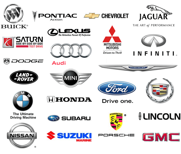 Buick|Pontiac|Chevrolet|Jaguar|Saturn|Lexus|Infiniti|Mitsubishi|Audi|Chrysler|Dodge|Land Rover|BMW|Mini Cooper|Honda|Ford|Cadillac|Lincoln|Subaru|Porsche|GMC|Nissan|Suzuki| logo