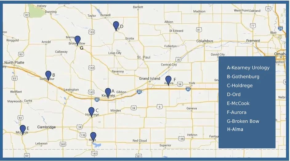 Map with blue pins marking locations with a legend listing the locations.