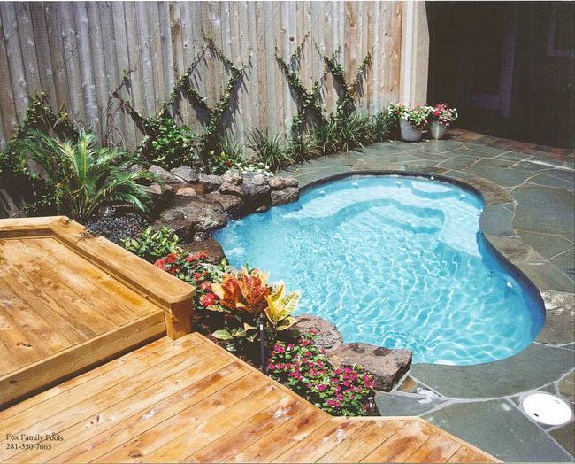 a small swimming pool surrounded by flowers and a wooden deck