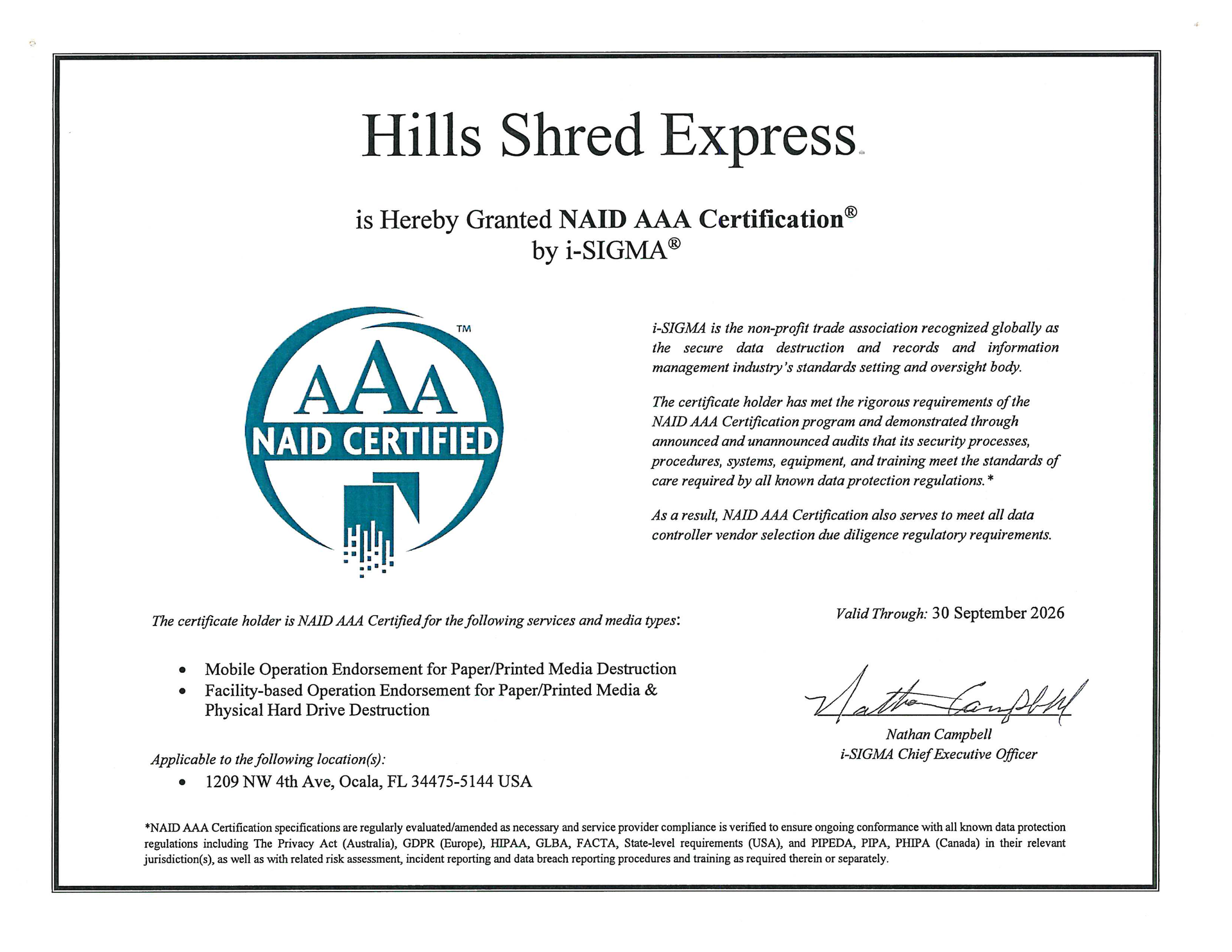 Hills Shred Express certificate with NAID AAA certification logo.